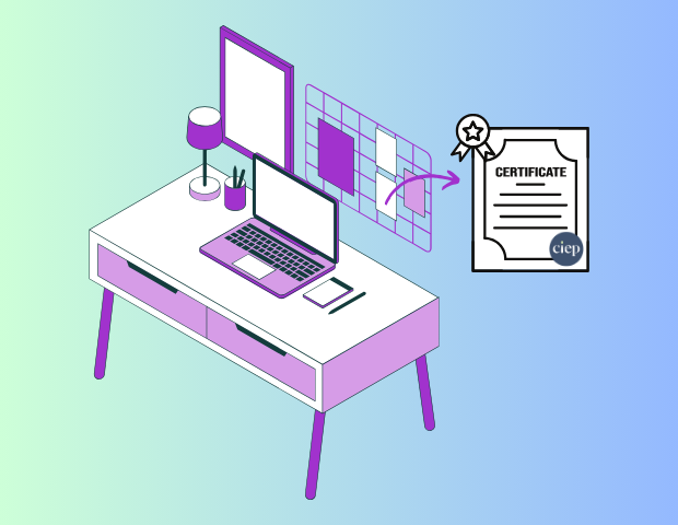 A vector graphic of a purple desk with a purple laptop on it and a board behind it that contains several documents, one of which is a CIEP certificate, all on a blue/green gradient background