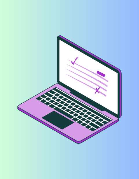 A vector graphic of a purple laptop (with the screen indicating that a document is being edited) on a blue/green gradient background